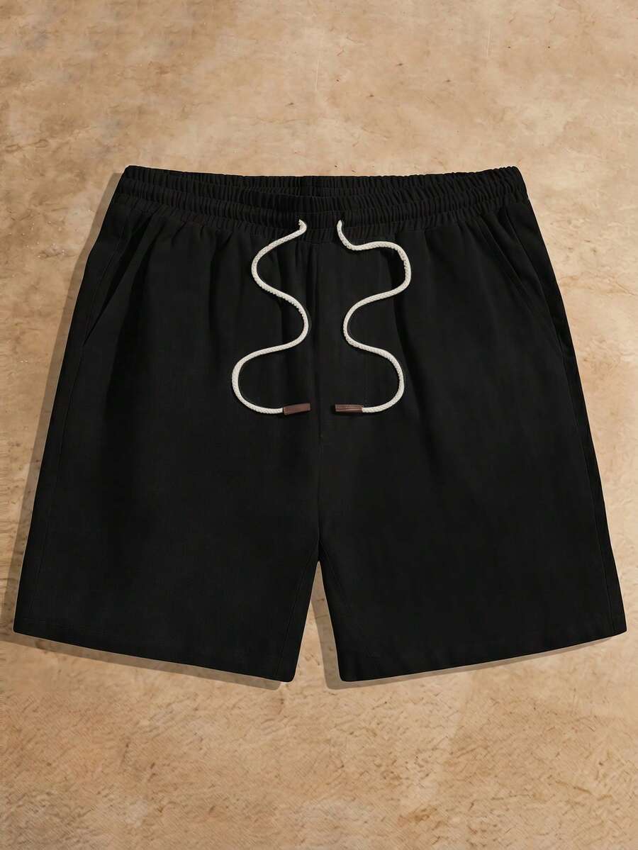 HIMLAND 男士休閒夏季度假黑色亞麻短褲,鬆緊抽繩腰頭斜口袋沙灘短褲,輕量透氣寬鬆版型下身,足球 - 黑色 - View 1
