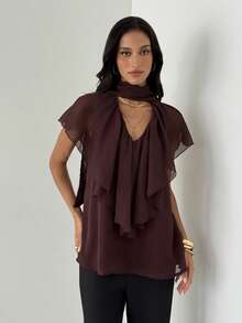 Aloruh Women's Elegant V-Neck Chiffon Ruffle Sleeve Brown Office Shirt - Brown - View 6