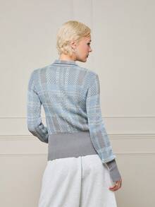 COUREZ Long Sleeve Plaid Pattern Fitted Knit Cardigan , Y2K Vintage Elegant Autumn For Women , Party School Office Rave Fall - Multicolor - View 3