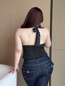 Sweetra Áo thun không tay ôm sát, buộc dây cổ, chấm bi đen, kiểu dáng thường ngày, xếp ly. - màu đen - Xem 2