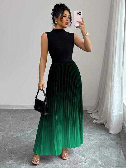 Elenzga Đầm xếp ly ombre màu đen, kiểu dáng thanh lịch, thường ngày dành cho nữ