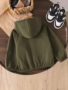 SHEIN Genkimix Kids 1件男童休闲简约街头风连帽长袖外套，时尚休闲设计，适合夏季穿着，适合4-7岁男孩日常、运动、户外活动、返校穿着。 - 軍綠色 - 查看 2