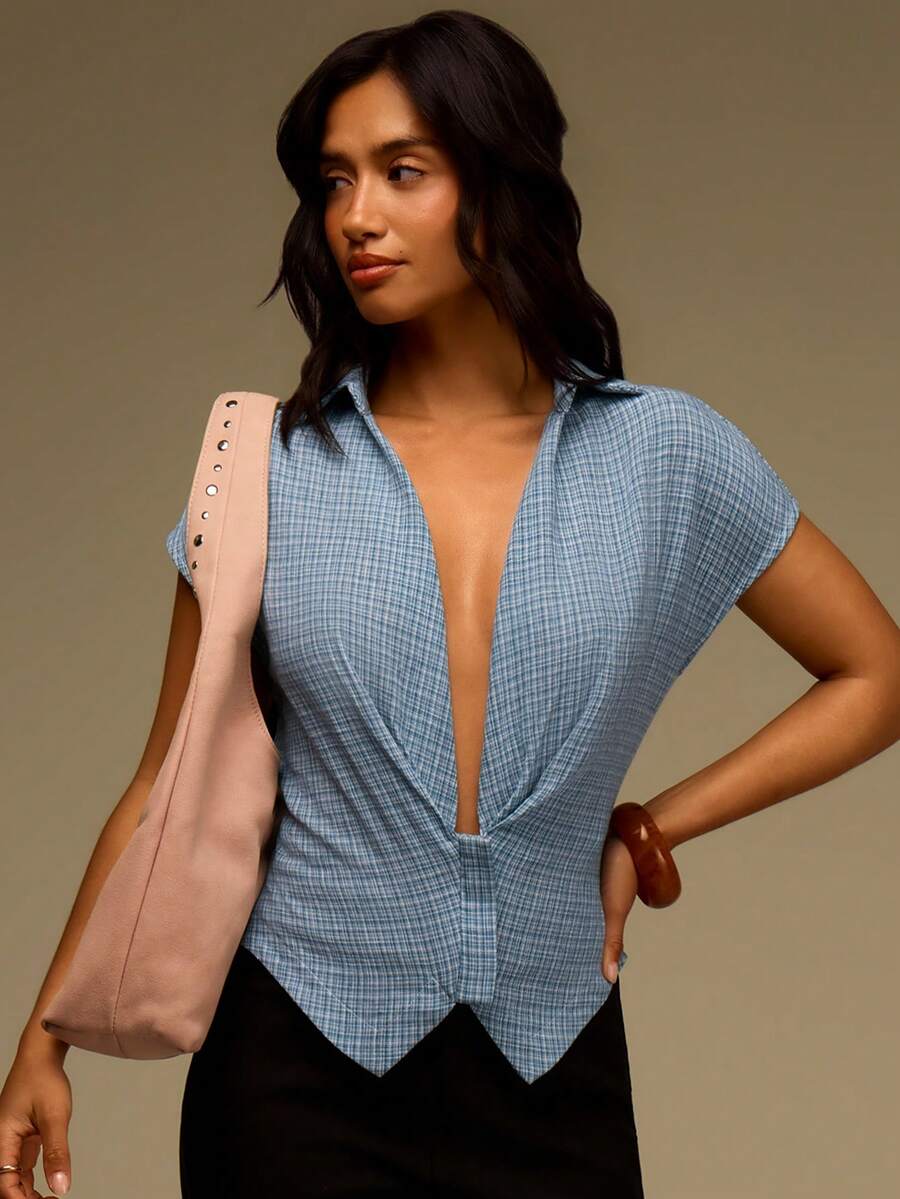 Athîral Blusa ajustada y sexy con cuello en V profundo a cuadros para mujer - Multicolor - Ver 1