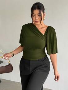 Firerie Plus Size Women Solid Color Pleated Fitted Casual Top - Green - View 3