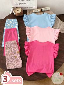 6pcs/Set Girls Casual Floral,Daisy,Leaf,Letter Print Cap Sleeve T-Shirt And Bike Shorts Outfit,Light Pink,Summer Comfortable Sporty Styles For Beach - Multicolor - View 2