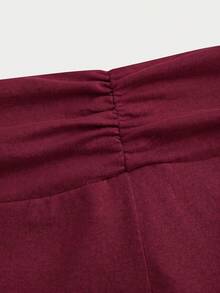 Teen Girl Spring Summer Streetwear Holiday Ruched Short Sleeve Round Neck T-Shirt & Waist Ruched Flare Pants 2-Piece Set,Daily School Basic Pant Suit - Burgundy - View 3