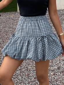 DAZY Plaid Ruffle Mini Skirt, Elastic Waist Fitted Casual Cute Back-To-School Skirt For Girls, Summer Vacation Blue And White - Blue - View 5