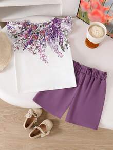 SHEIN Elladie kids Young Girl Floral Print T-Shirt + Solid Color Bow Decor Shorts Set - Purple - View 2