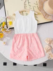 SHEIN Elladie kids 少女花卉細肩帶腰部連身褲，藍白配色，甜美舒適，大花卉腰帶，女孩夏季休閒穿搭 - 粉色 - 查看 2
