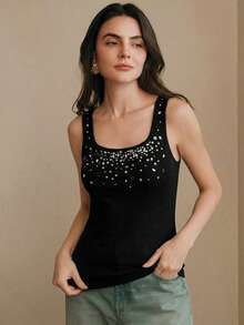 Anewsta Elegante camiseta sin mangas de punto ajustada con cuello cuadrado y adornos de strass hechos a mano para mujer, primavera - Negro - Ver 3