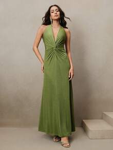 Anewsta Vestido midi elegante y sexy con nudo retorcido y espalda descubierta para mujeres, color verde - Verde - Ver 6