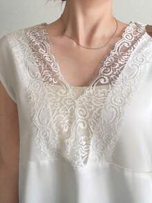 FRIFUL Women's Lace Trim Neckline Loose Linen Vacation Tank Top Summer - Black - View 8
