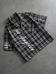 PAVTROS Men's Casual Plaid Letter Print Shirt, Summer - Black and White - View 4