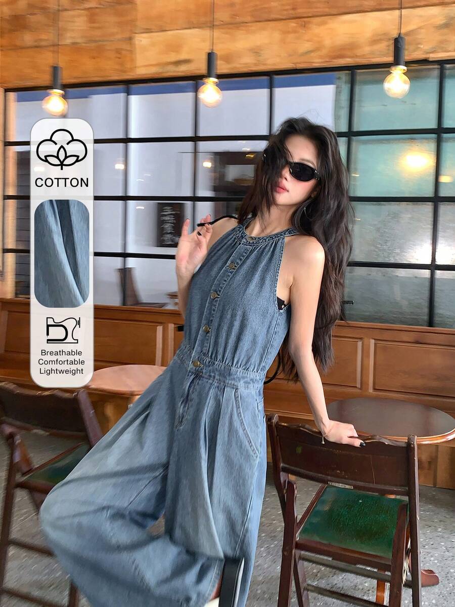 DAZY Bộ áo liền quần cổ ve lật một hàng khuy dành cho nữ, kiểu dáng thường ngày đi làm và đi nghỉ mát. - Màu xanh lam - Xem 1