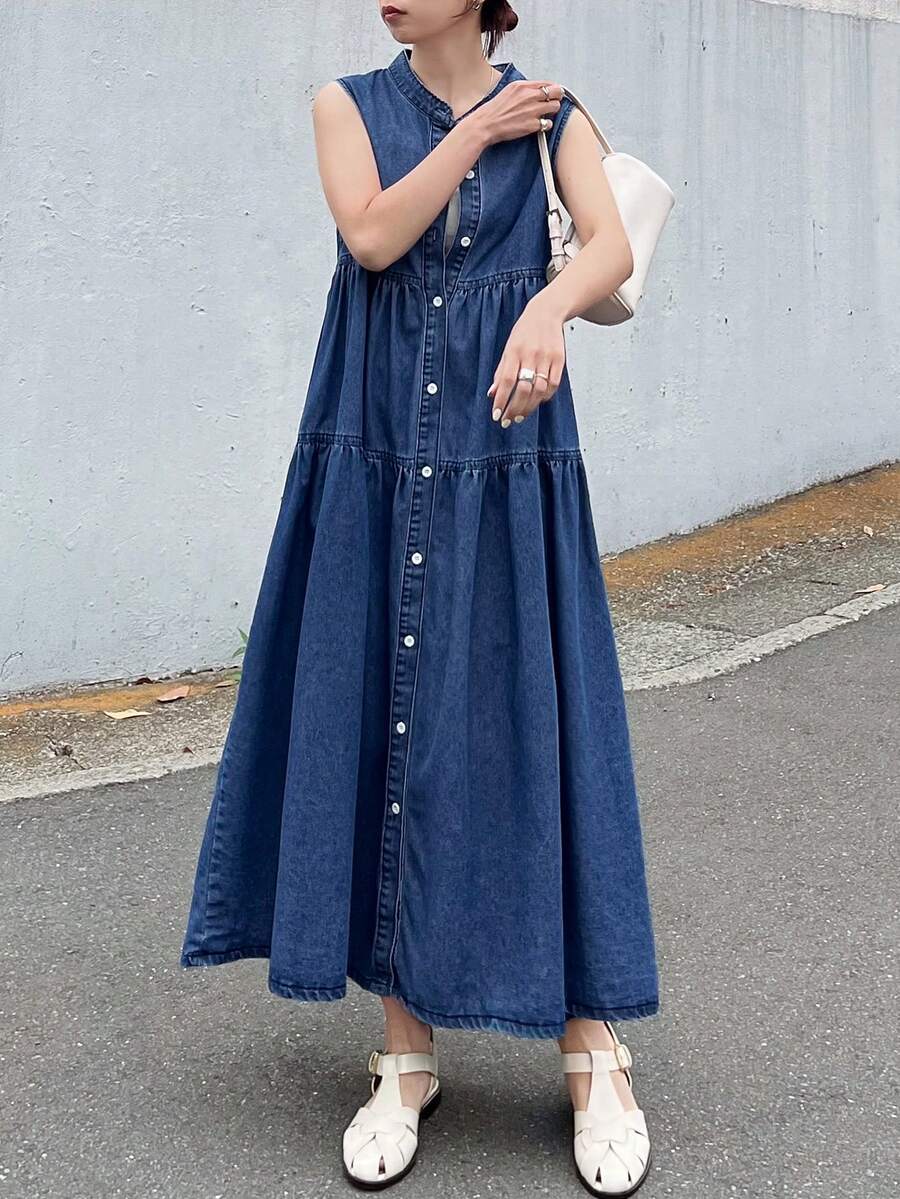 FRIFUL 女士休闲前开襟纽扣宽松无袖牛仔连衣裙，夏季女式连衣裙 - 藍色 - 查看 1