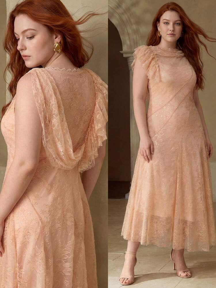 PLUS SIZE ELEGANT LACE RUFFLE TRIM DRESS, SPRING/SUMMER