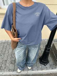 Dazy Plus 宽松字母印花圆领休闲加大码棕色T恤，女士，春夏款 - 霧霾藍 - 查看 8