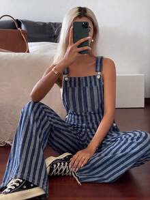 DAZY Quần yếm denim kẻ sọc dáng suông thường ngày dành cho nữ - Màu xanh ngọc - Xem 6