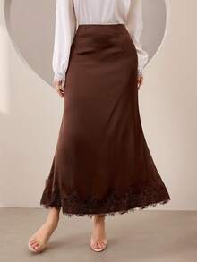 Graceveil Falda elegante de estilo francés para mujer con encaje de contraste de satén - Café integral - Ver 3
