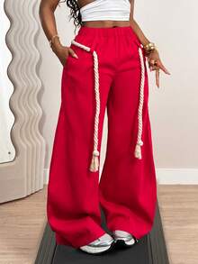 BamGleam Women's Red Elastic Waist Wide-Leg Casual Loose Pants, Ideal For Autumn Vacation Wear City Break - Red - View 7