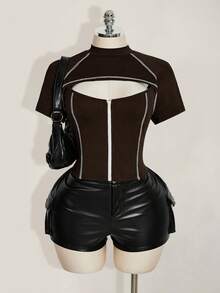 SHEIN ICON 大码女式条纹撞色镂空拉链短袖T恤 - 棕色 - 查看 6