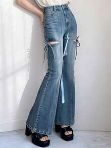 Dazy Tall Quần jeans ống loe nữ khoét lỗ, buộc dây, kiểu dáng thường ngày. - Rửa trung bình - Xem 5