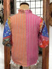 Linhara Plus Size Women Vintage Floral & Striped Print V-Neck Ruffle Trim Short Sleeve Blouse Fall - Pink - View 2