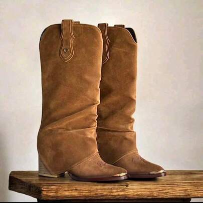 Botas Cowboy Slouchy de Mujer con Punta Metálica Estilo Boho Botas Vaqueras de Caña Caída en Gamuza Sintética Colores arena Botas de mujer  cowboy a la rodilla botas casuales para usar todos los días marca Naff