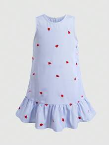 SHEIN 女童愛心條紋印花荷葉邊下擺洋裝 - 彩色 - 查看 6