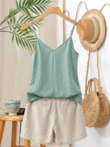 Rusticease Plus Size Casual Witchy Solid Color Front Button Camisole Top , Beach Vacation For Women Summer For Women , Sage Green - Green - View 2