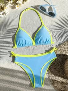 SHEIN Tween Girl Summer Beach Vacation Contrast Color Halter Bikini Set - Baby Blue - View 2
