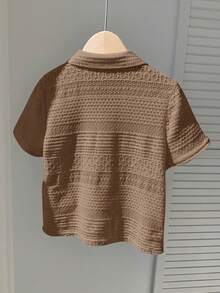 SHEIN Little Byeori 1件小男孩兒童休閒學院風舒適翻領寬鬆白色短袖襯衫，適合上學通勤、日常休閒、開學季、生日派對、聚會、表演、婚禮、洗禮、旅行、運動，適合春夏季 - 卡其色 - 查看 3