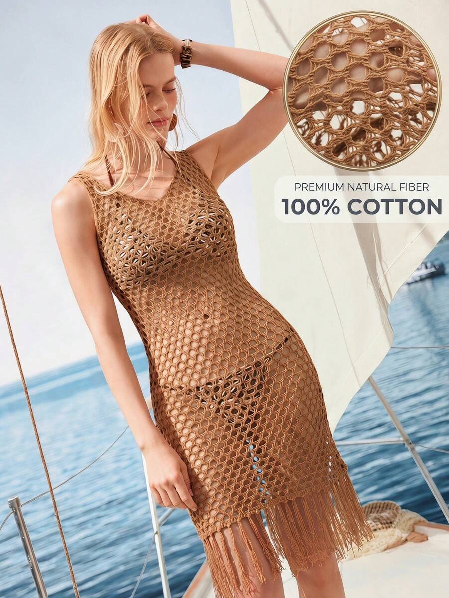 Zovinel Đầm maxi dệt kim không tay màu kaki khoét rỗng, thời trang tối giản, thanh lịch, thoải mái, thích hợp cho kỳ nghỉ hè, đi biển, du lịch dành cho nữ, mùa xuân/hè.