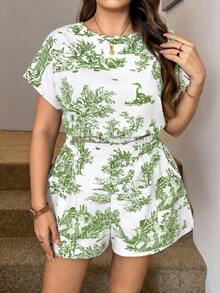 SHEIN LUNE 大尺碼女款植物與人像印花短袖圓領上衣與休閒口袋短褲兩件套 - 綠色 - 查看 5