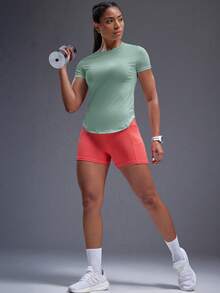 Powerista Solid Color Hollow Out Slim Fit Short Sleeve Athletic T-Shirt - Green - View 7