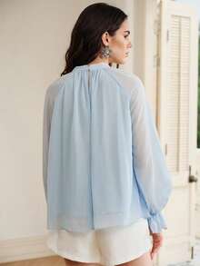 Anewsta Blusa elegante de mujer de estilo francés con múltiples capas de volantes, de manga larga y transparente, ideal para vacaciones, fiestas, uso diario y vacaciones - Azul - Ver 6