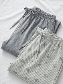 SHEIN 女士纯棉两件套假抽绳纯色睡裤家居舒适套装 - 彩色 - 查看 4
