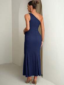 MaterniChic Fashionable & Versatile Textured Asymmetrical Shoulder Metal Buckle Maternity Dress - Royal Blue - View 2