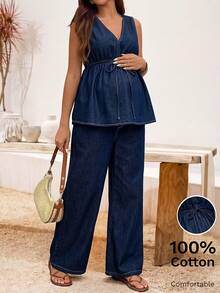 SHEIN Bộ đồ hai mảnh denim dành cho bà bầu, trang phục mùa hè, lễ hội, đi làm, nghỉ mát, tốt nghiệp, phong cách Y2K, dễ thương, thời trang đường phố, quyến rũ, dự tiệc, đám cưới, thanh lịch, công sở, đi biển, tốt nghiệp. Bộ áo liền quần denim dành cho bà bầu, 100% cotton, cổ chữ V, không tay, ống rộng, thoải mái cho mùa hè. - Màu xanh lam - Xem 4