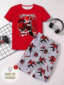 2 Sets Of Teen Boys Snug Fit Pajamas, Featuring Video Game, Headphone, Football Prints On Elastic Fabric Round Neck Short Sleeve & Shorts 4-Piece Set - Red - View 1