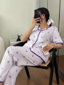 SHEIN 粉色和白色条纹蝴蝶结开衫休闲女士睡衣套装 - 紫色 - 查看 4