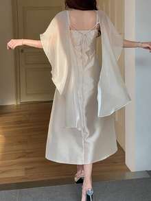 Feyla Đầm dài ngang gối thanh lịch dành cho nữ, thiết kế khăn choàng đính đá lấp lánh. - Màu be - Xem 8