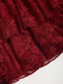 Sweetra Đầm chiffon xếp ly thanh lịch, gợi cảm kiểu Y2K, cổ yếm ren, thích hợp để đi làm. - Màu Đỏ Sâu - Xem 5