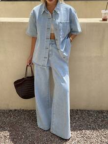 Livesso Bộ đồ denim nữ tay ngắn cổ xanh, kiểu dáng thường ngày, đã qua xử lý, màu xanh nhạt. - Màu xanh lam - Xem 7