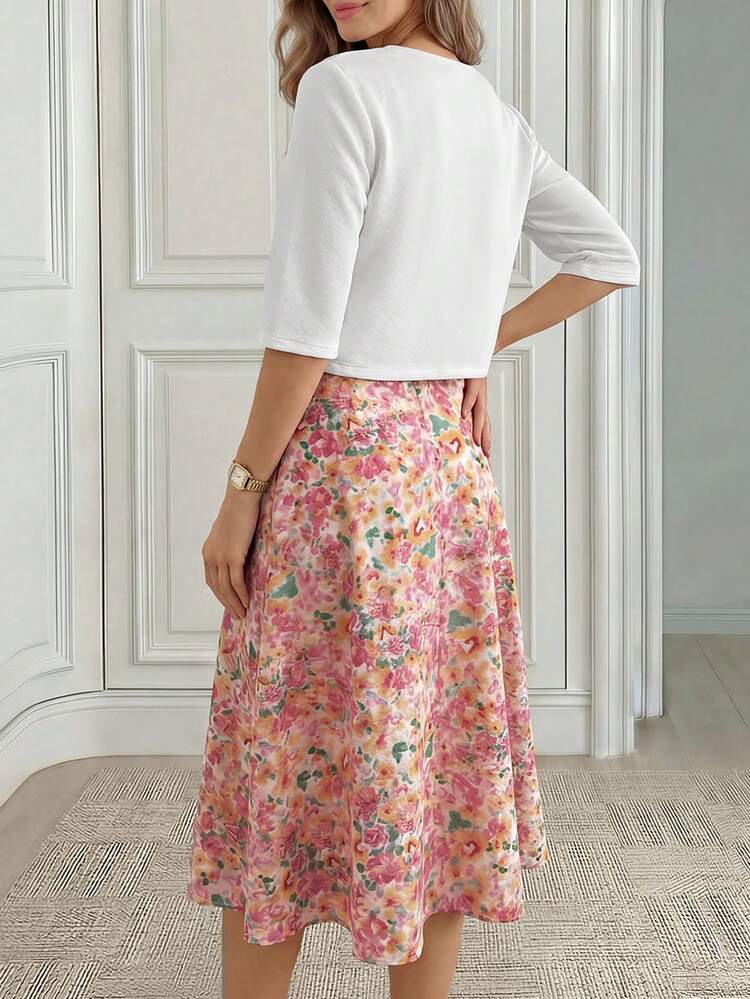 Floral Print Dress And Solid Color Cardigan Casual Outfit For Middle-Aged And Elderly Women