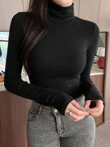 DAZY Solid High Neck Tee Long Sleeve Women Tops - Black - View 7