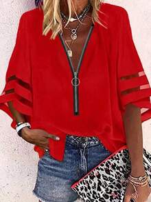 INAWLY Plus Size Boho Style Red Loose V-Neck Half Placket Mesh Spliced 3/4 Sleeve Top - Red - View 1