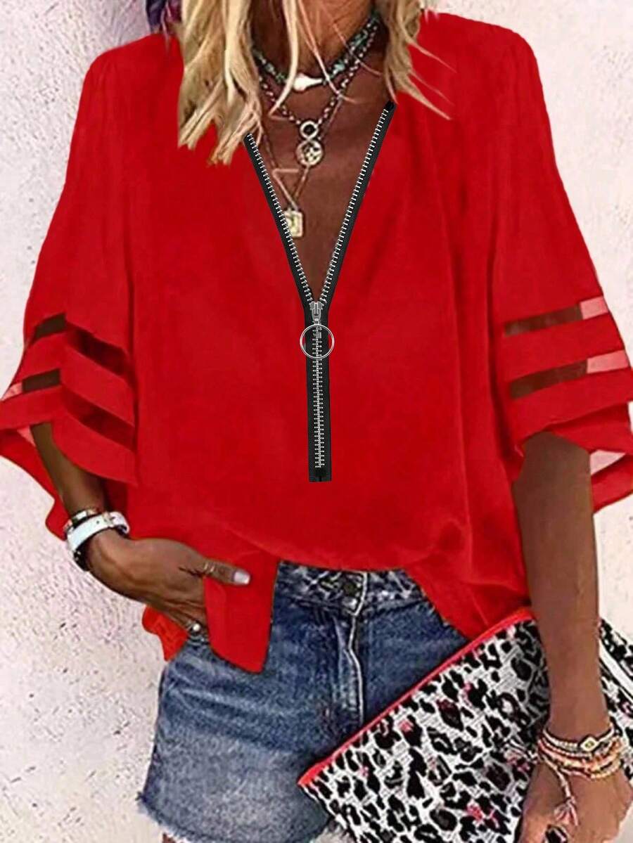 INAWLY Plus Size Boho Style Red Loose V-Neck Half Placket Mesh Spliced 3/4 Sleeve Top - Red - View 1