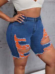 Slaydiva Plus Size Summer Fashion Distressed Slim Fit Denim Shorts - Medium Wash - View 6