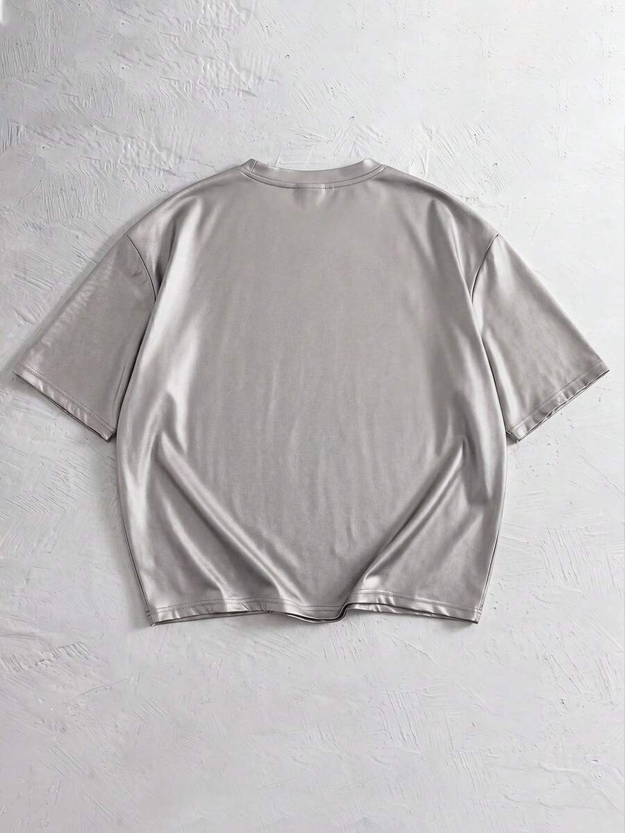 NORVETH Camiseta de manga corta con cuello redondo de PU casual y versátil para hombres - Plateado - Ver 1